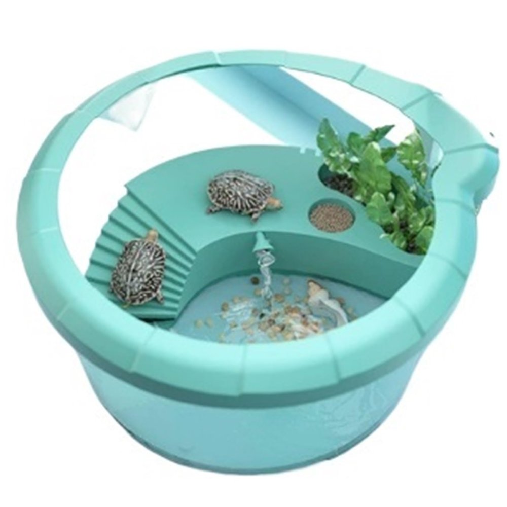 Turtle Terrarium with Integrated Feeding Basin and Basking Platform