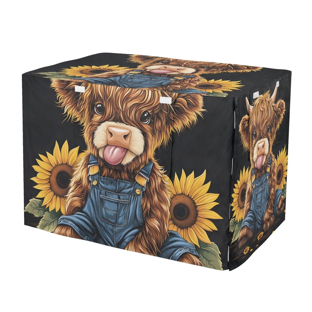 Dog Kennel Cover, Highland Cow Design, Easy to Install, Size M, Black