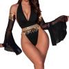 Women's Black Bodysuit with Gold Sequin Fringe and Mesh Sleeves, 3-Piece Set view 1