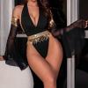 Women's Black Bodysuit with Gold Sequin Fringe and Mesh Sleeves, 3-Piece Set view 2