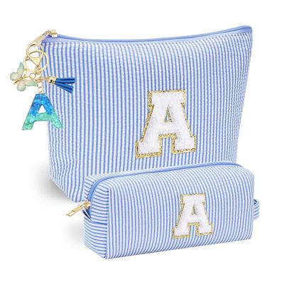 Personalized Blue Makeup Bag with Butterfly Fringe Initial Keychain for Women and Girls
