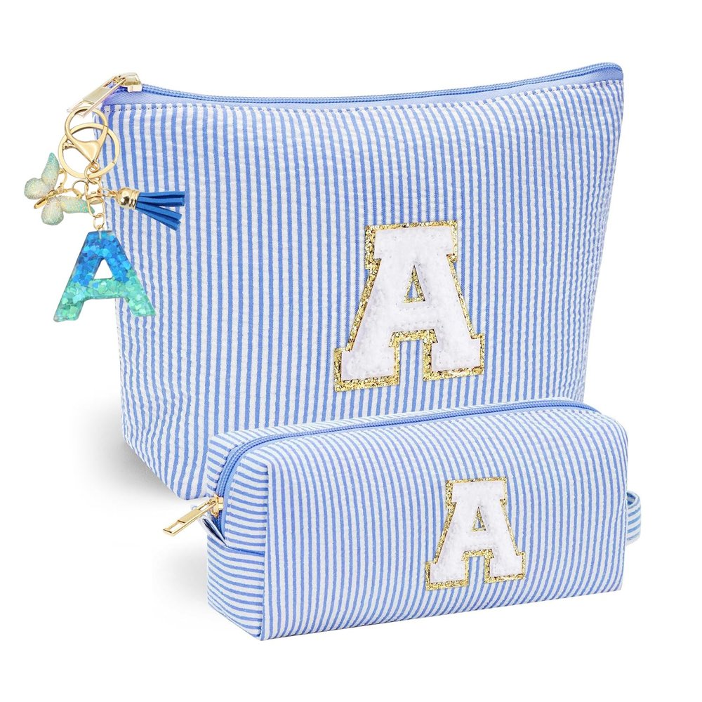 Personalized Blue Makeup Bag with Butterfly Fringe Initial Keychain for Women and Girls