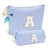Personalized Blue Makeup Bag with Butterfly Fringe Initial Keychain for Women and Girls view 1