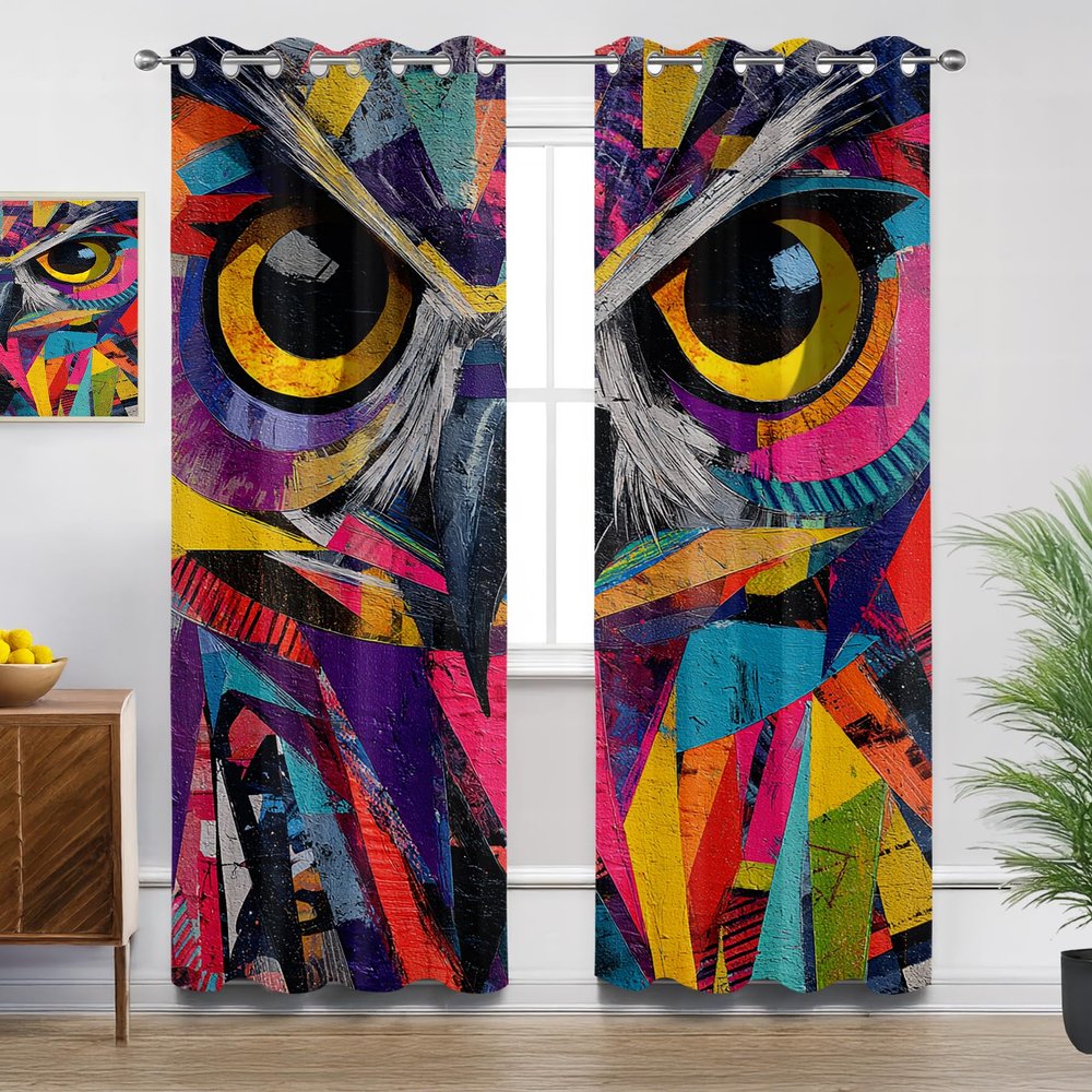 Mistela Blackout Curtains, Opaque Owl Design, Colorful Bird Animal Pattern, 2-Piece Set, H245 x W140 cm