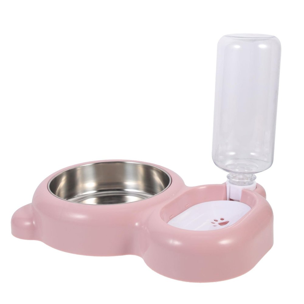 Pink PP and Stainless Steel Cat Feeder with Water Bottle
