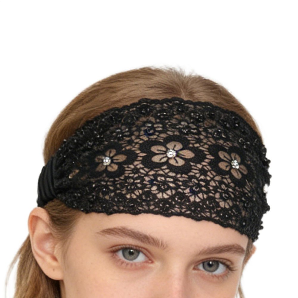 Lace Headband with Flower and Faux Pearl Details