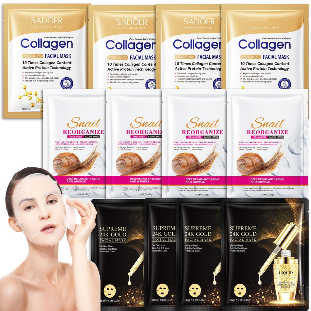 12-Pack Hydrating Facial Sheet Mask Set with Collagen and 24K Gold