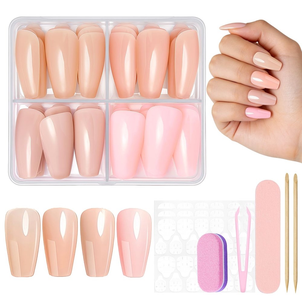 96 Coffin Press-On Nails, 4 Nude Shades, 10 Sizes, Full-Cover Breathable Fake Nails