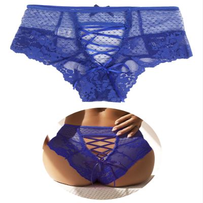 Women's Blue Lace Brazilian Brief High-Waisted Thong, Size S