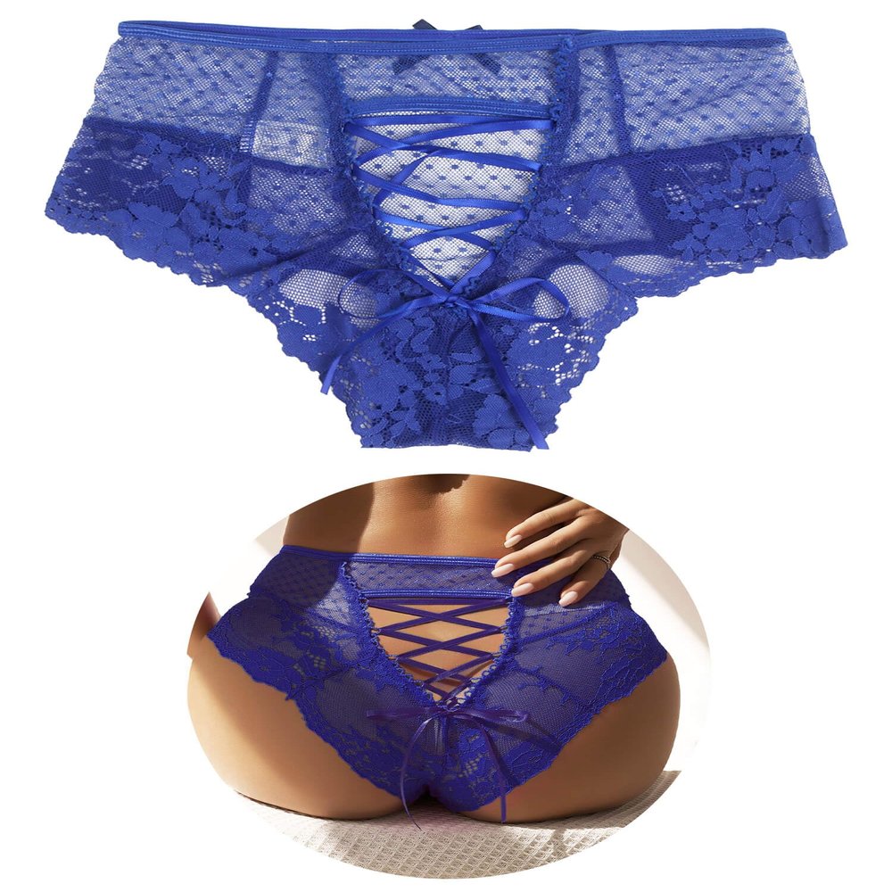 Women's Blue Lace Brazilian Brief High-Waisted Thong, Size S