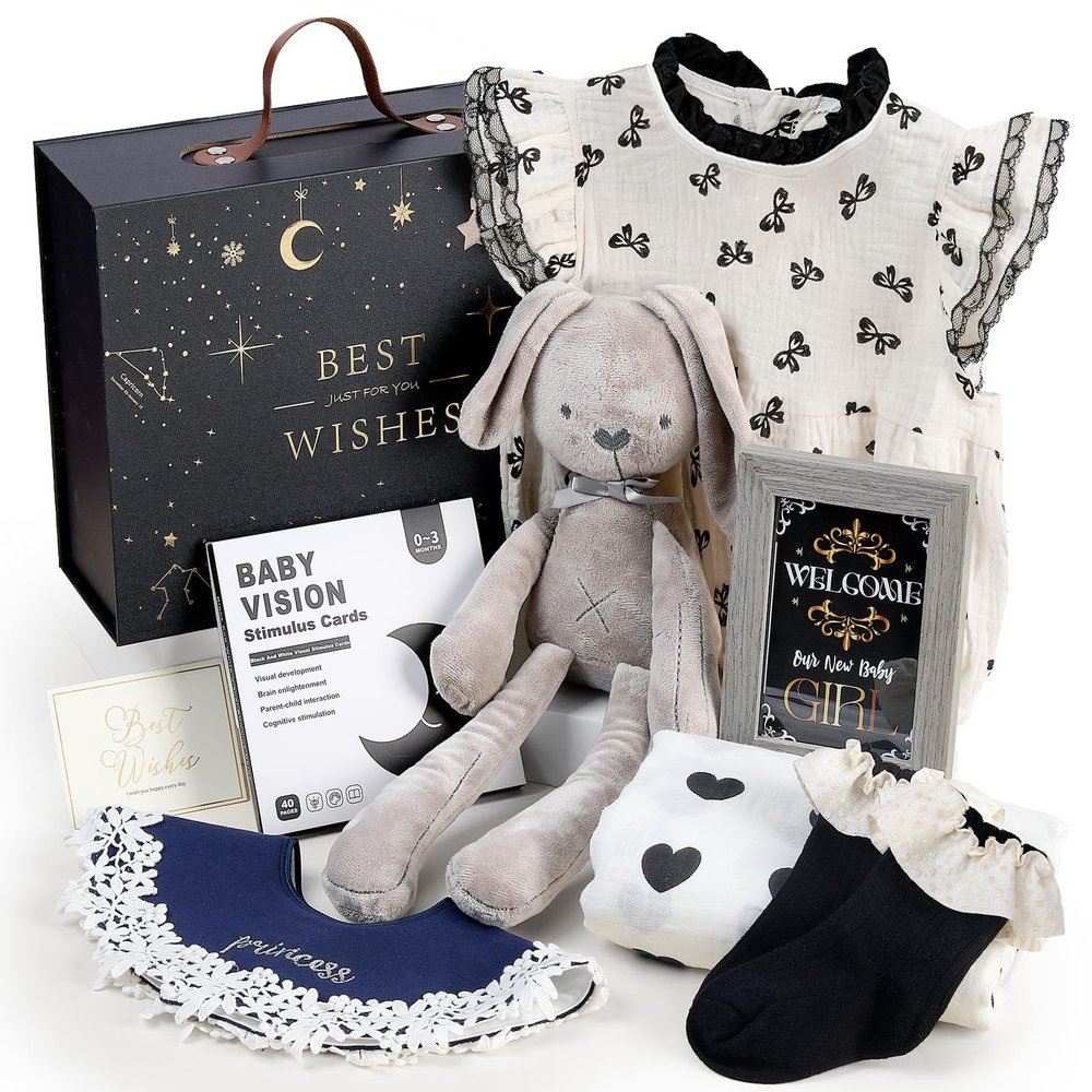 Baby Girl Gift Set with Bodysuit, Muslin Blanket, Bunny and Gift Box