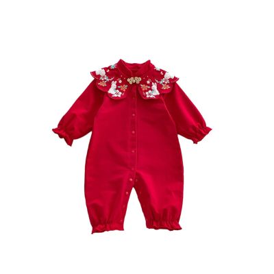 Red Festive Cotton Sleeveless Baby Bodysuit, 6–12 Months