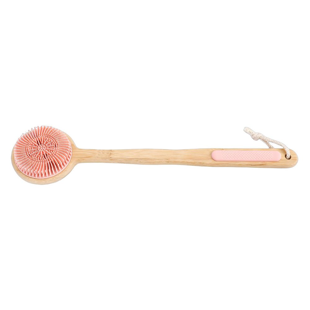 YUYTE Double-Sided Bath Brush with 17-Inch Bamboo Handle, Dense Nylon and Soft Silicone Bristles for Dry and Wet Brushing, Lymphatic Massage and Gentle Exfoliation (PINK)