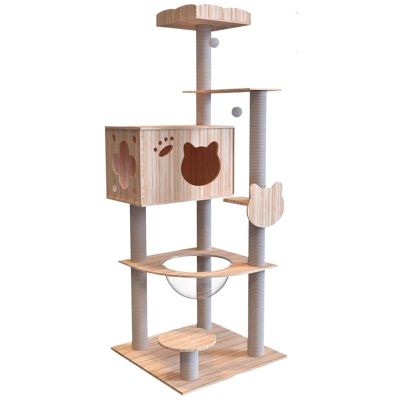 Wooden Cat House with Built-In Toys and Sisal Climbing Frame