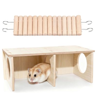 Hxiu 3-Chamber Hamster Hideout with Natural Wood Platform and Bridge