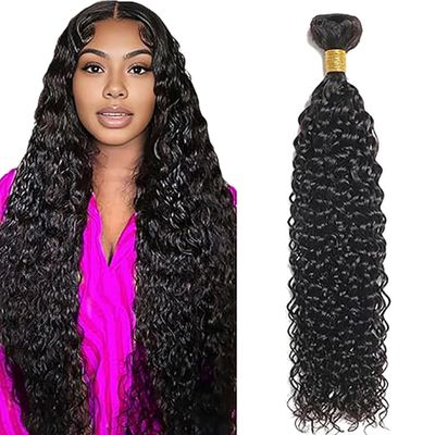 Jucames Water Wave Unprocessed Raw Remy Human Hair Weave Bundle, Double Weft, Natural Black, 26 Inch
