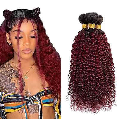 Jucames Curly Wave Human Hair Weave Bundles, 3-Pack, Ombre Black to Burgundy, 28/30/32 in