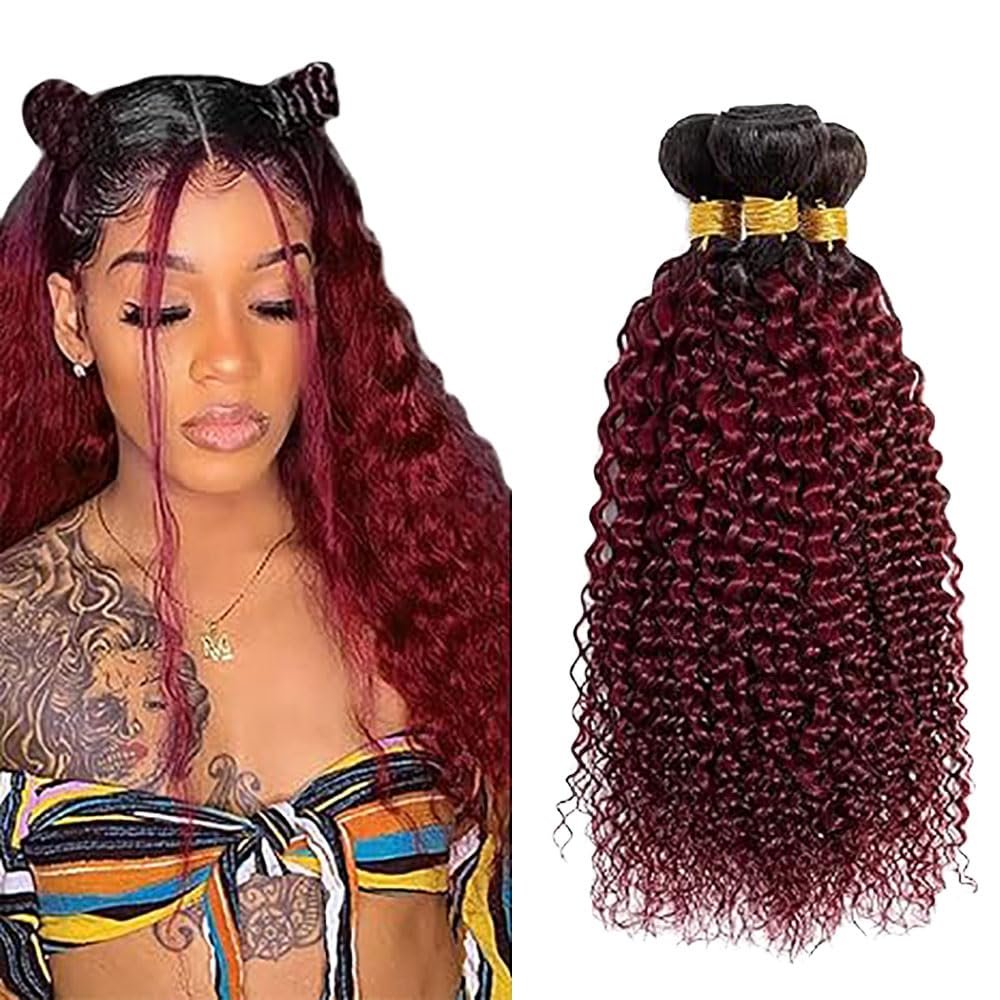 Jucames Curly Wave Human Hair Weave Bundles, 3-Pack, Ombre Black to Burgundy, 28/30/32 in