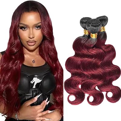 Jucames Body Wave Human Hair Weave Bundles, 3-Pack, Unprocessed Remy Double Weft, Ombre Black to Burgundy, 16/18/20 Inch