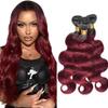 Jucames Body Wave Human Hair Weave Bundles, 3-Pack, Unprocessed Remy Double Weft, Ombre Black to Burgundy, 16/18/20 Inch view 1