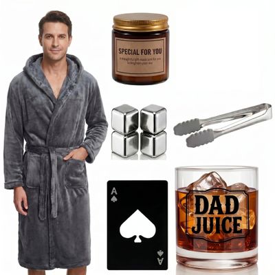 Twistover 10-Piece Father's Day Gift Set for the Best Dad with Hooded Robe, Whiskey Glass, Cubes, Coaster, Scented Candle, Ice Tongs and Bottle Opener