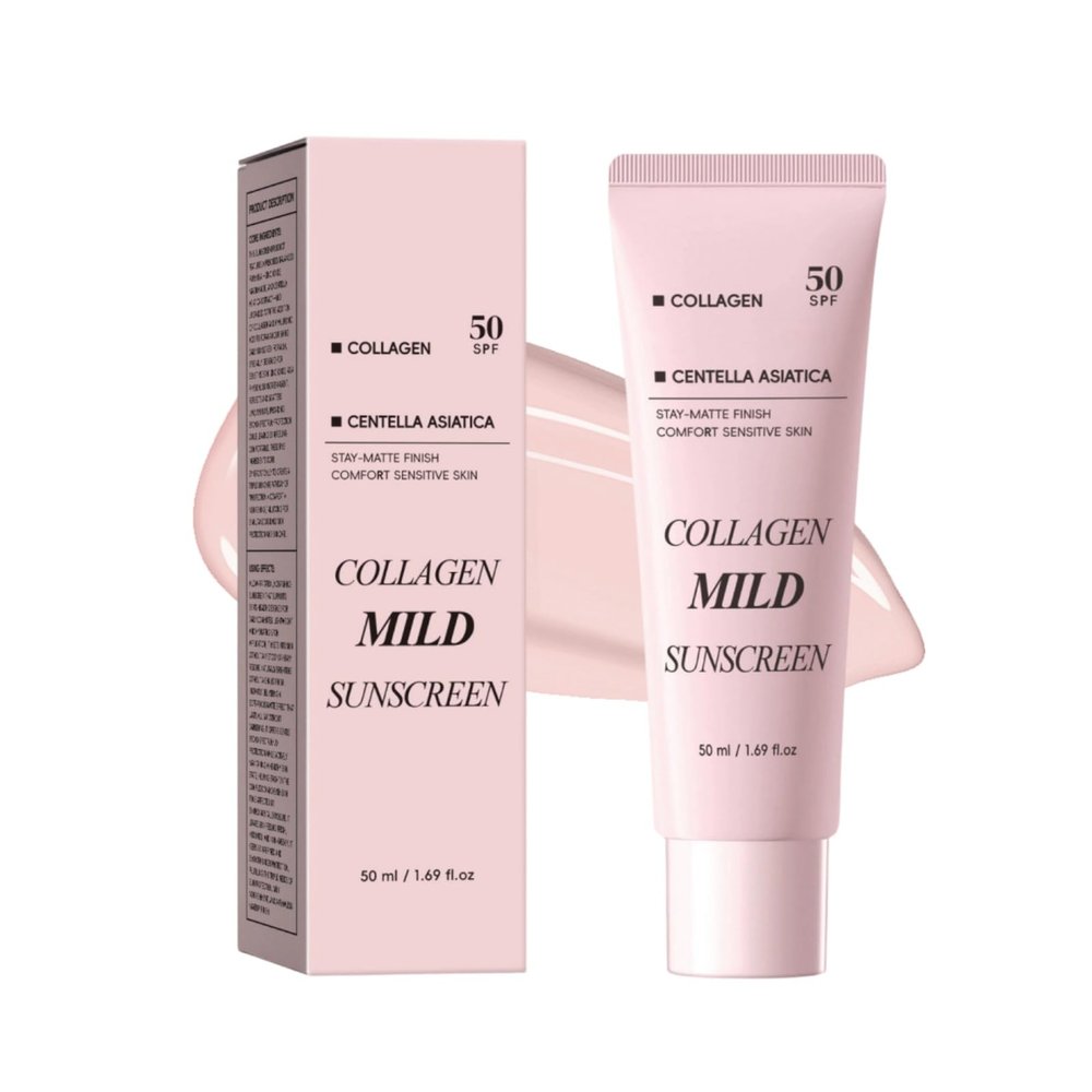 Collagen Sunscreen Cream SPF 50, Pink Sunscreen with UV Protection, Brightening and Moisturizing Makeup Finish