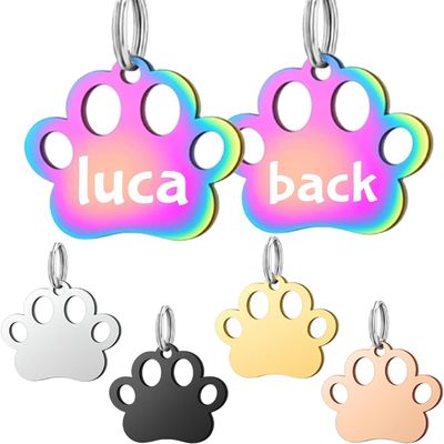 Personalized Stainless Steel Dog Tag, Double-Sided Engraving, Hollow Paw - Colorful