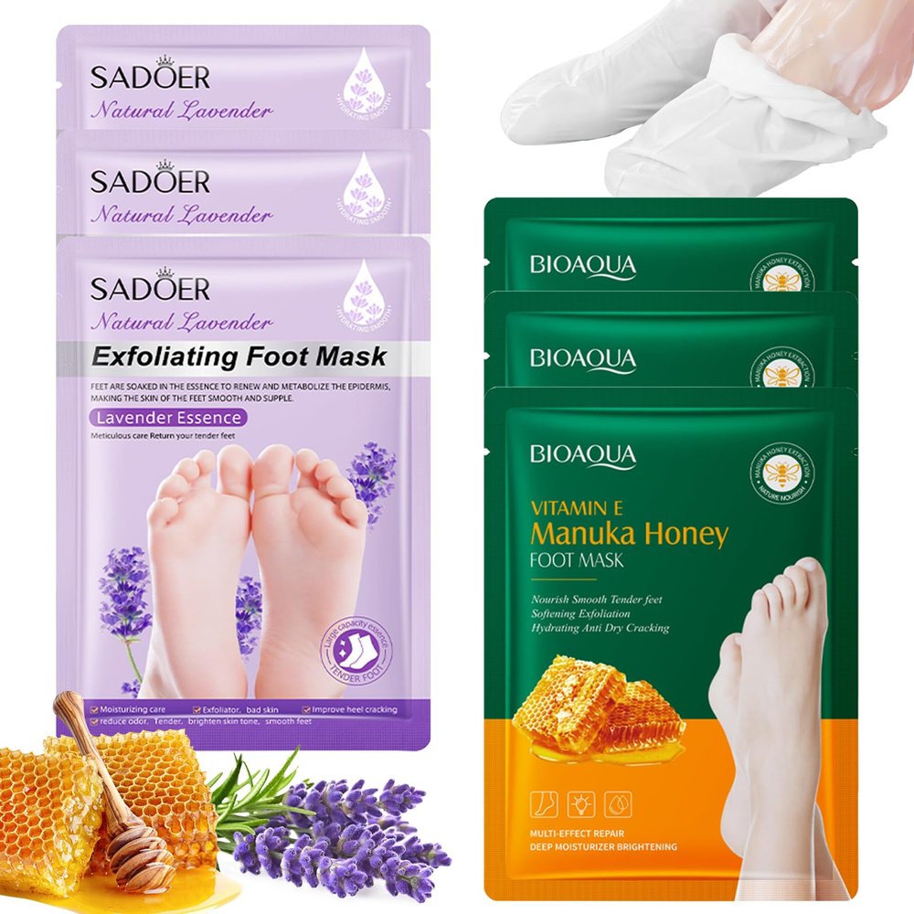 6 Pairs of Foot Masks, Callus Socks with Lavender and Honey Scents