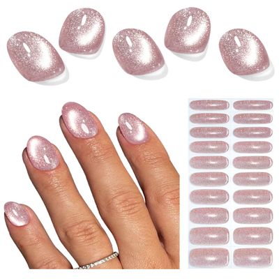 UV Nail Wraps, 20-Piece Pink Cat-Eye Semi-Cured Gel Stickers