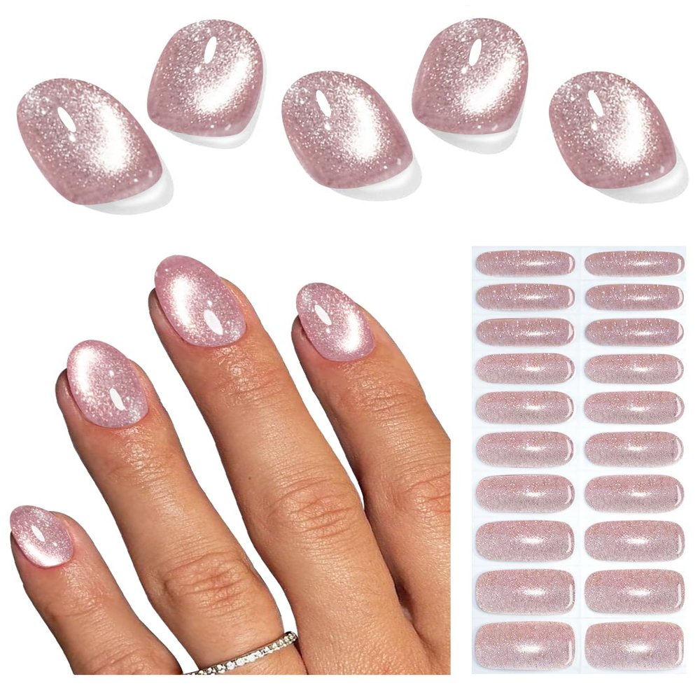 UV Nail Wraps, 20-Piece Pink Cat-Eye Semi-Cured Gel Stickers
