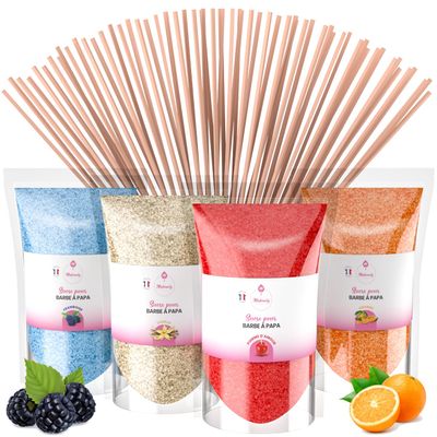 Misskandy Cotton Candy Sugar, 4 x 160 g, Raspberry/Vanilla/Candy Apple/Orange, Flavored Sugar + 20 Sticks (Free)