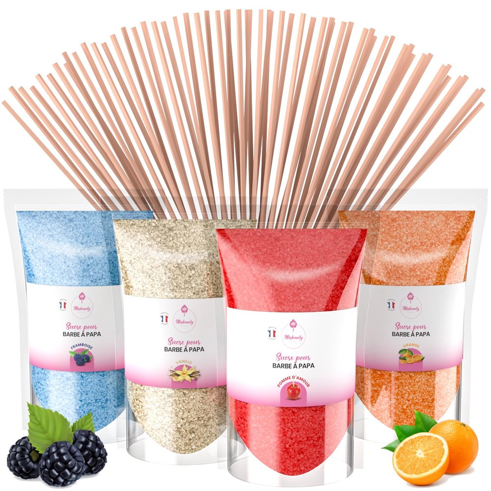 Misskandy Cotton Candy Sugar, 4 x 160 g, Raspberry/Vanilla/Candy Apple/Orange, Flavored Sugar + 20 Sticks (Free)