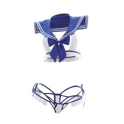 Generic Women's Sailor Lingerie Pajama Set with Three Openings and Bow Details (White, One Size)