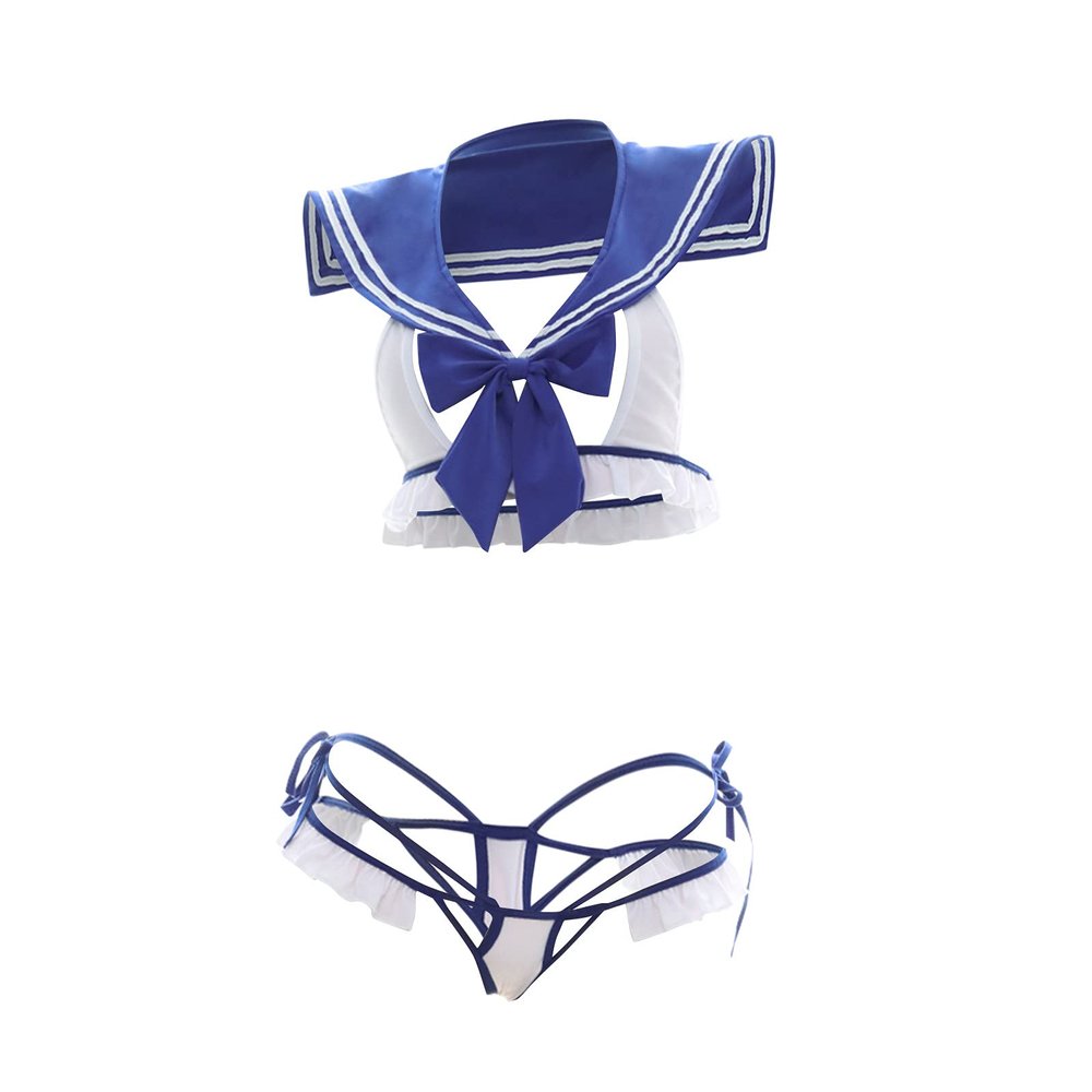 Generic Women's Sailor Lingerie Pajama Set with Three Openings and Bow Details (White, One Size)