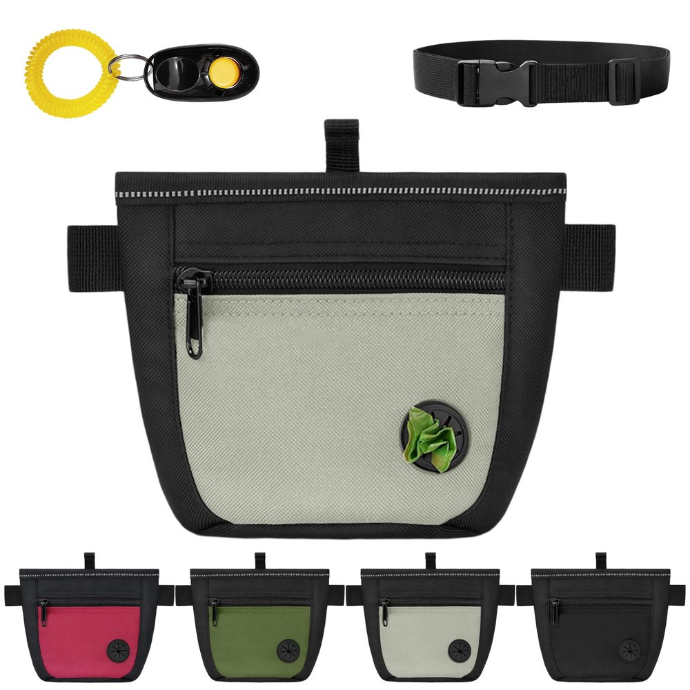 AMFUN Dog Treat Pouch with Poop Bag Dispenser and Clicker, Two Magnetic Closures, Metal Clip Waist Bag for Training and Walks