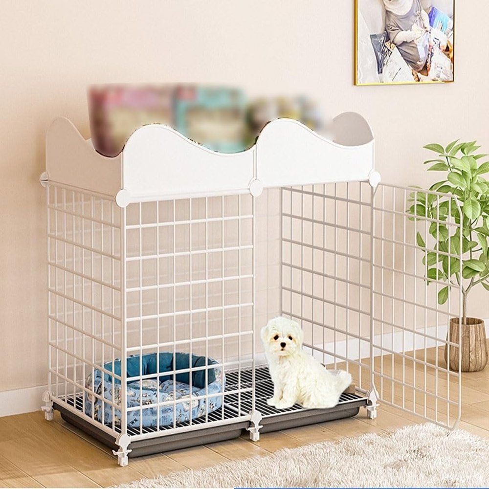 Dog Crate with Storage Bar, Crate Tray, Removable DIY Fence, Two Colors, Suitable for Kittens and Puppies (White 61x75x39 cm)