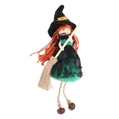 KIMISS Hanging Witch Doll Decoration with Broomstick, Green