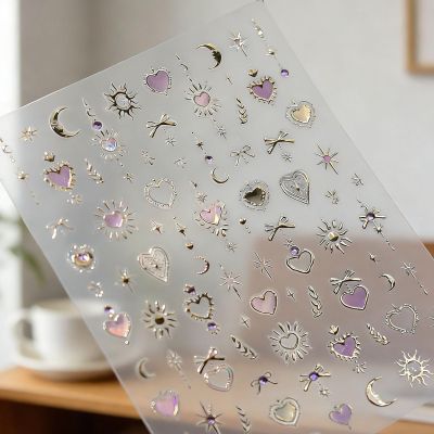 Ruispeed Pink Heart Nail Stickers, 5D Gold Stars with Bow Design
