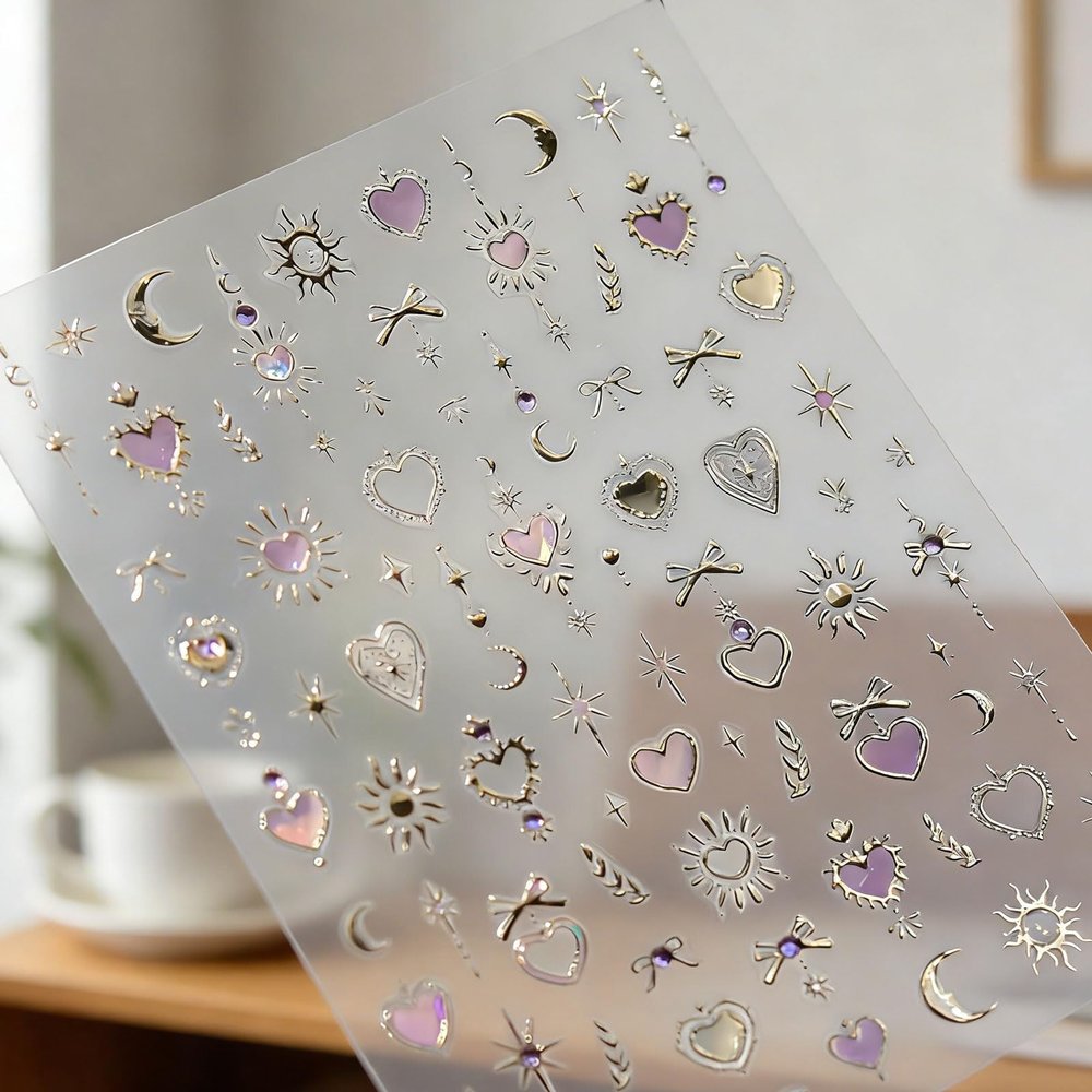 Ruispeed Pink Heart Nail Stickers, 5D Gold Stars with Bow Design