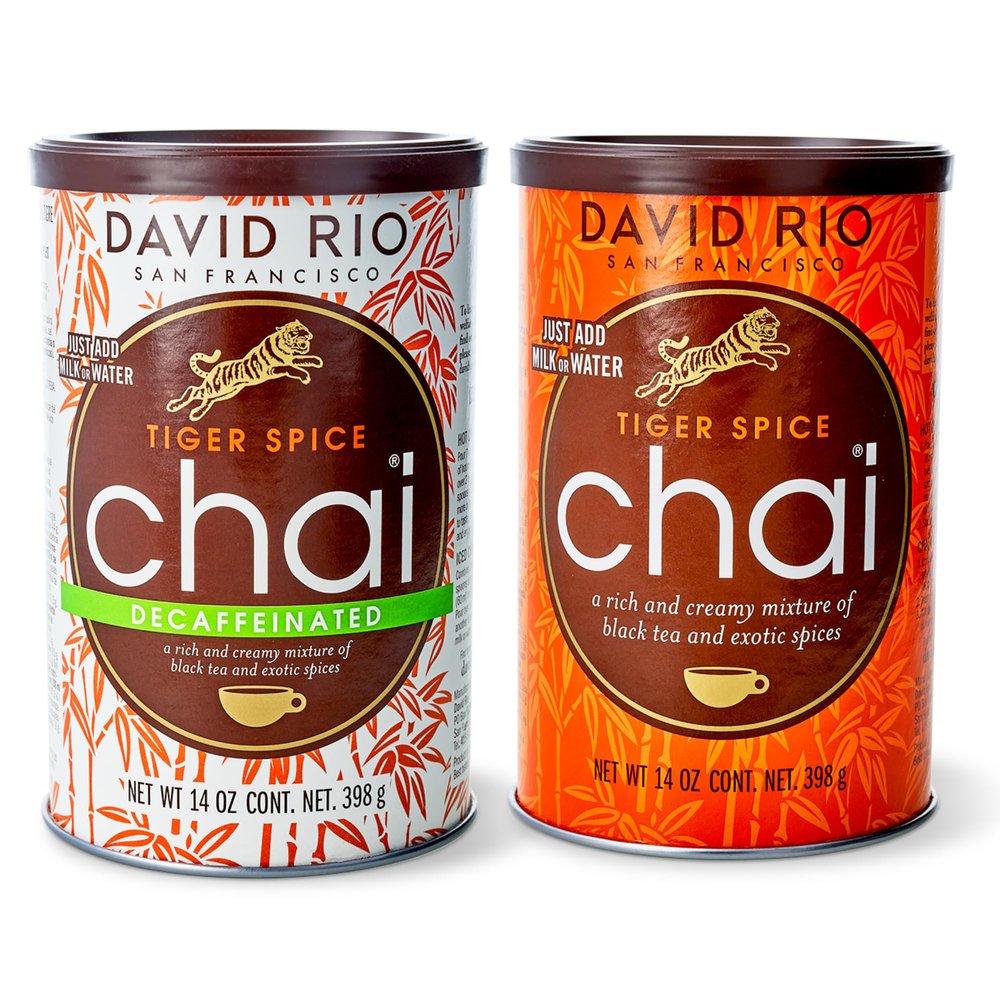 David Rio Chai Set | 2 Cans | Chai Latte Powder | Delicious Duo (Tiger Spice 398 g, Tiger Spice Decaf Chai Set 398 g Can)