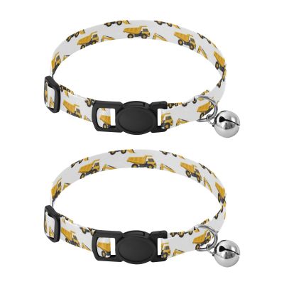 Kitten Collar with Metal Bell, Construction Vehicle Print, White, 2-Pack