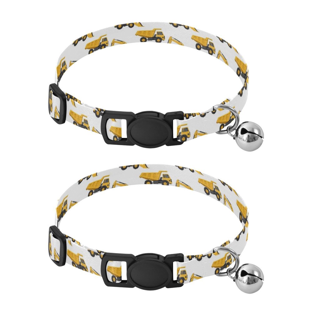 Kitten Collar with Metal Bell, Construction Vehicle Print, White, 2-Pack