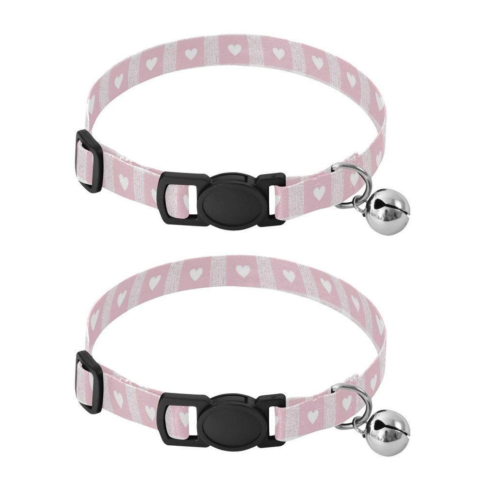 Adjustable Dog Collar for Small Dogs, Gingham Hearts, Bell Collar, 26.9 cm to 43.4 cm, Pink, 2 Pack