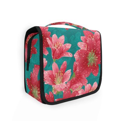 Yoogain Western Red Lily Strawberry Turquoise Travel Toiletry Bag, Hanging Cosmetic Bag with Hook, Zippered, Vertical, Freestanding