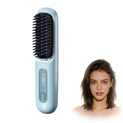 Hair Straightening Styling Brush with Ceramic Bristles for Women, Short Hair, Portable, Sky Blue