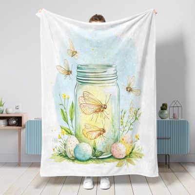 Spring Easter Cicada Blanket, 60 x 80 in, Mason Jar Eggs, Warm Fluffy Flannel Throw