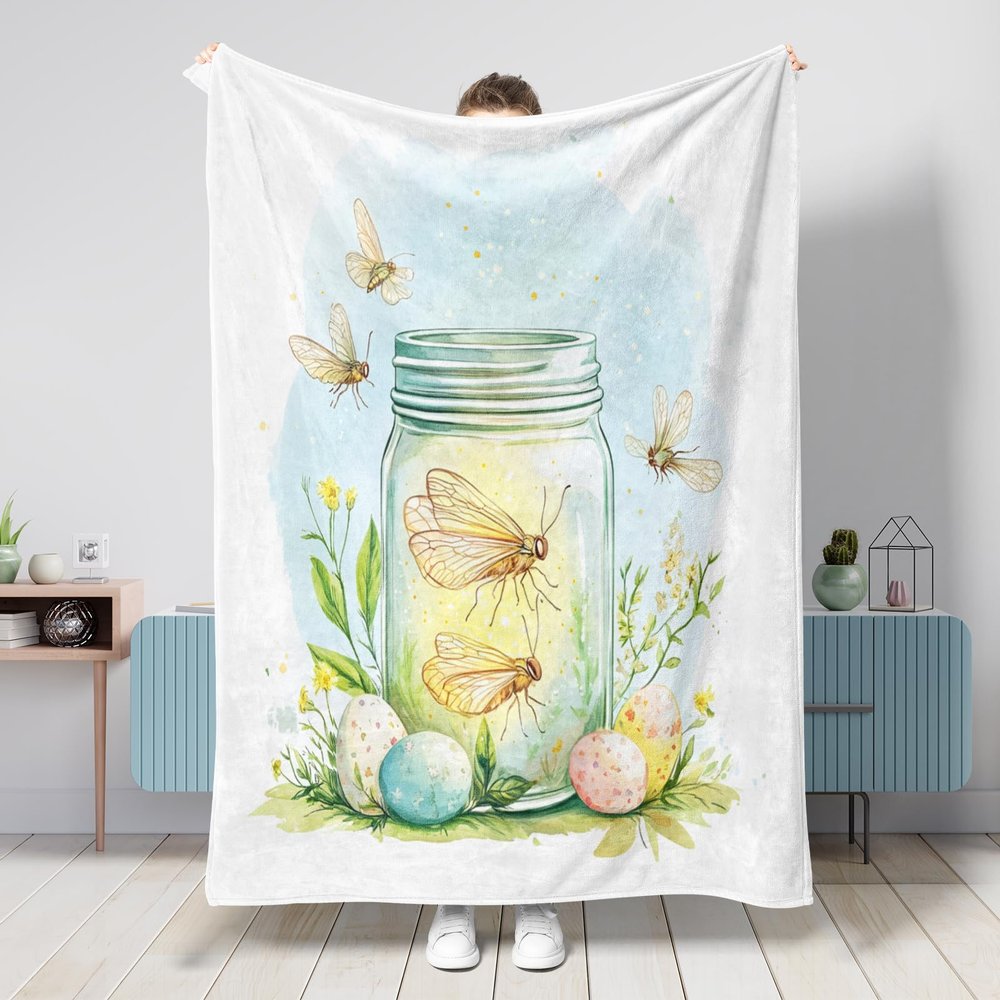 Spring Easter Cicada Blanket, 60 x 80 in, Mason Jar Eggs, Warm Fluffy Flannel Throw