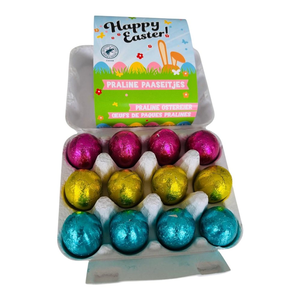 OYOY | 12 Filled Milk Chocolate Easter Eggs in Mini Egg Box, 142 g | Hazelnut Praline & Crunchy Cereals | Easter Chocolate Gift Box