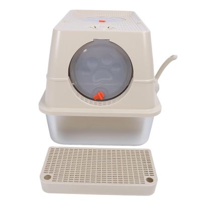 LiebeWH Stainless Steel Cat Litter Box with Lid, XL Top-Entry Enclosed Litter Box for Large Cats, Khaki