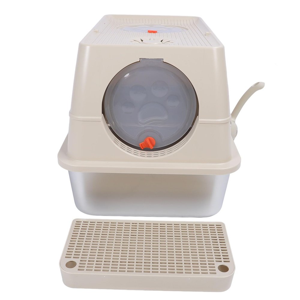 LiebeWH Stainless Steel Cat Litter Box with Lid, XL Top-Entry Enclosed Litter Box for Large Cats, Khaki